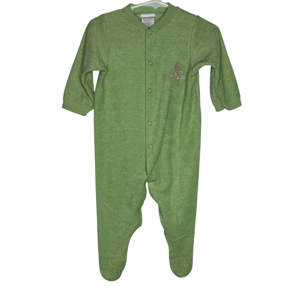 Baby Tykes Kids 6-9M Footed Sleeper Green Terry Cloth Teddy Bear Snap Up